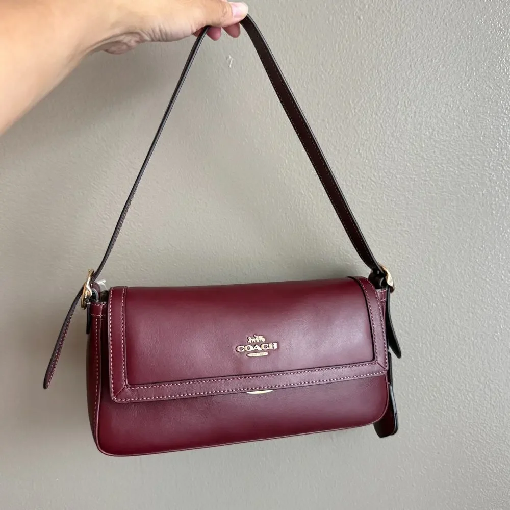 Limited ‼️Coach Etta Small Flap Shoulder Bag CCV63 smooth leather/Im/Maroon - Picture 2 of 11